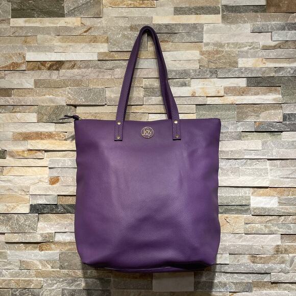 Joy Mangano Leather Tote | Purple Zip Top Bag, Gold Logo, Clean Interior NWOT - Picture 6 of 9